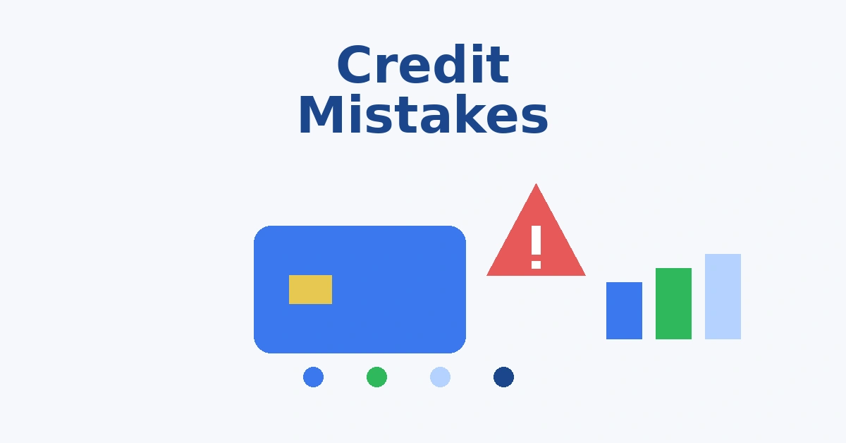 Common beginner credit mistakes illustration with credit card warning symbol and financial growth bars