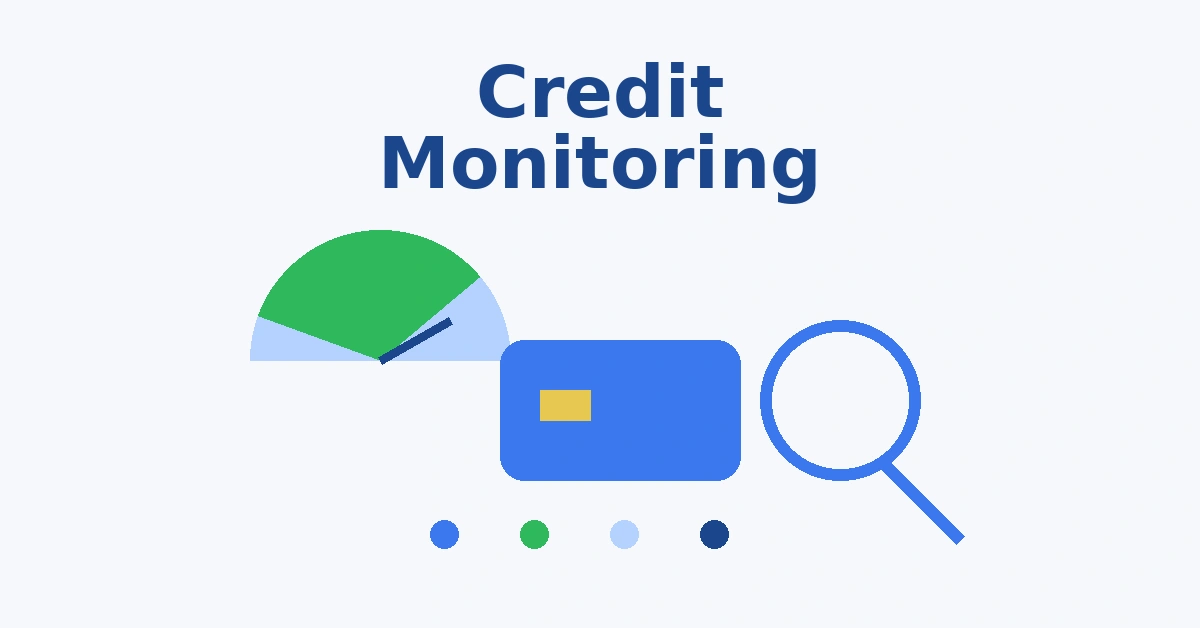 Credit monitoring explained illustration with credit score gauge magnifying glass and credit card icon