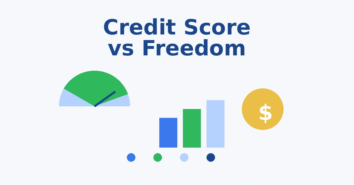 Credit score vs financial freedom illustration with credit score gauge wealth icon and financial growth chart