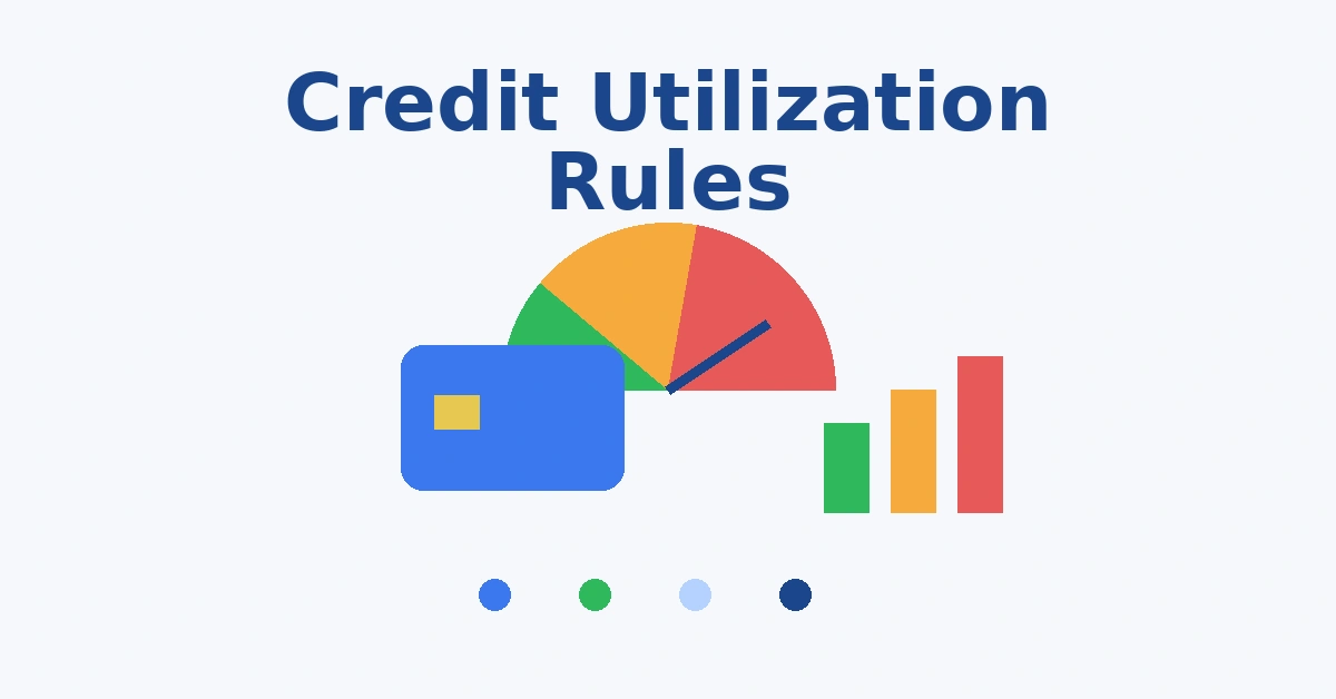 Credit utilization explained illustration with utilization gauge credit card and chart showing 1-9 percent and 30 percent rule