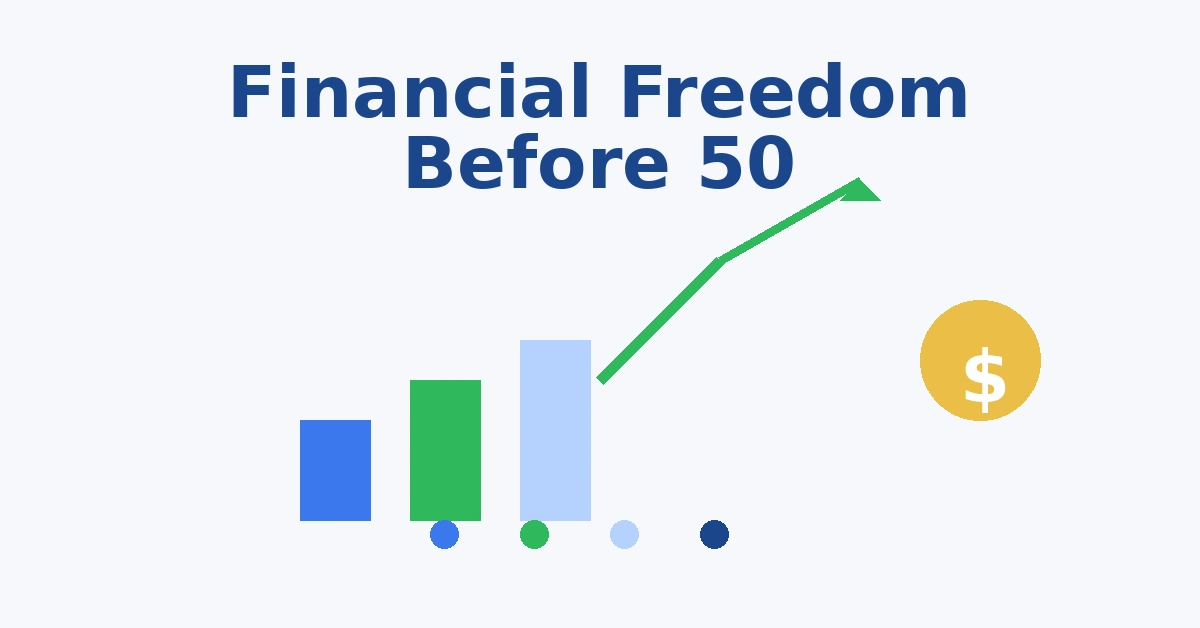 Financial freedom before 50 illustration with wealth growth chart upward arrow and dollar coin icon
