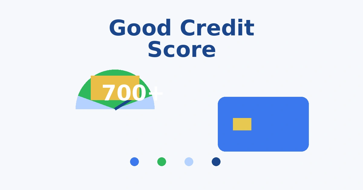 Good credit score illustration with credit score gauge 700 plus badge and credit card icon