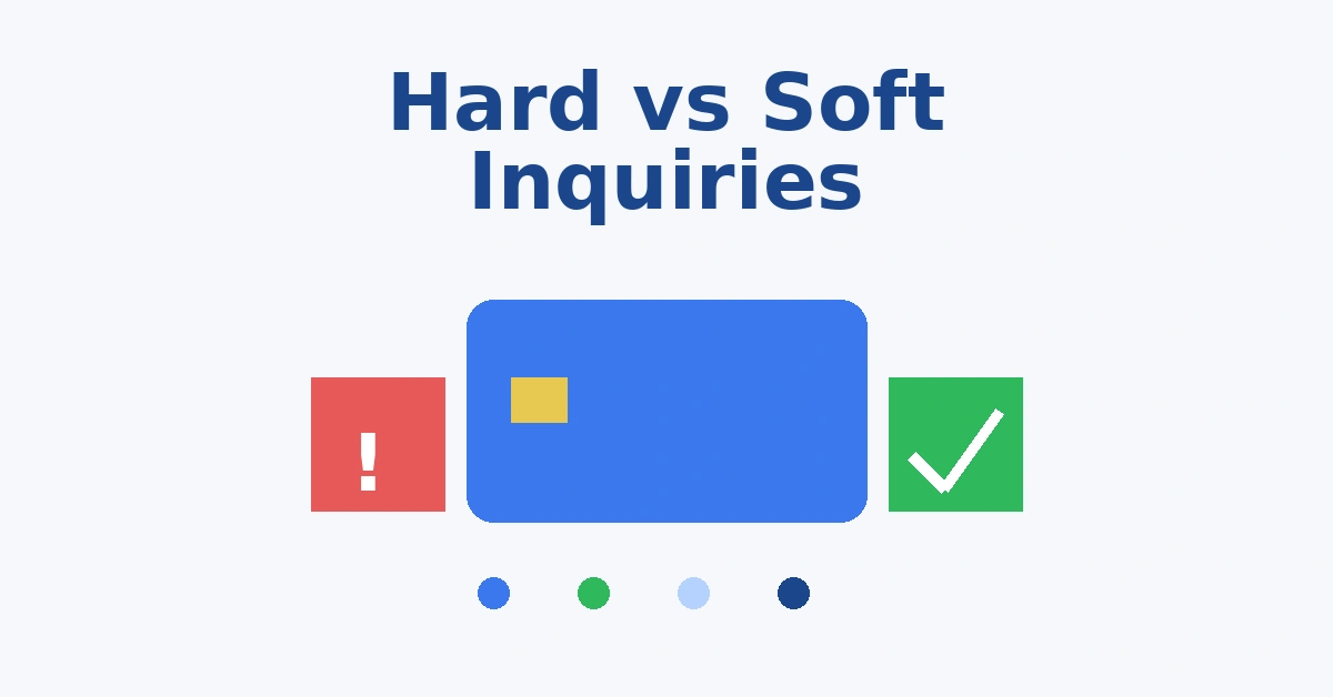 Hard vs soft inquiries illustration with credit card and comparison icons showing credit score impact