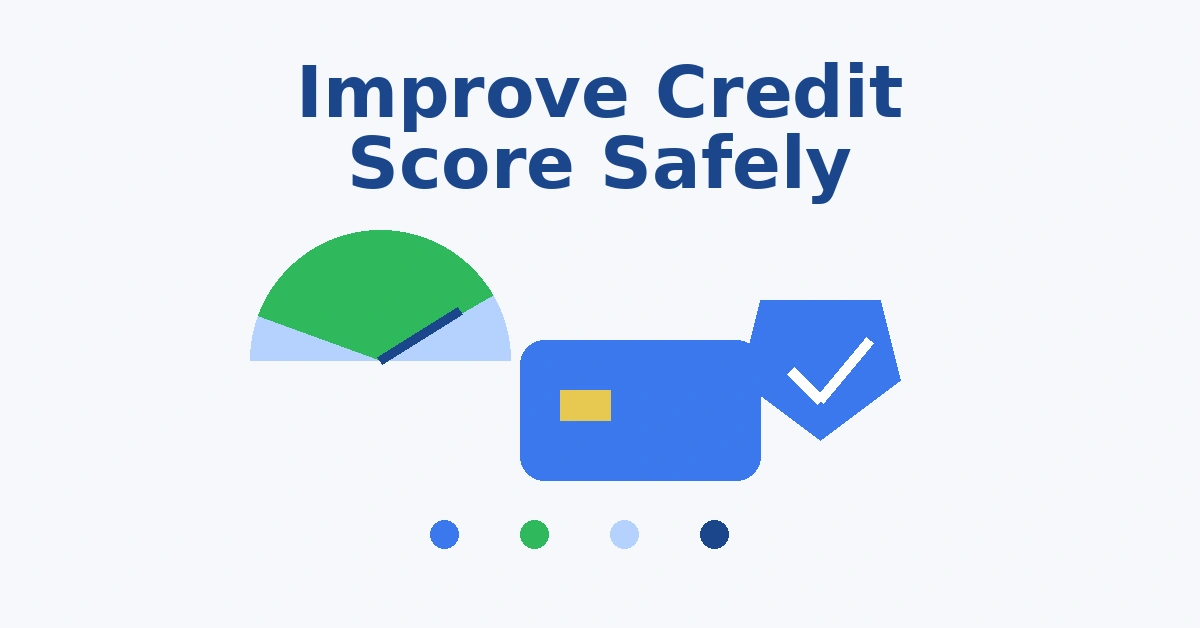Safe ways to improve credit score illustration with credit score gauge shield protection icon and credit card