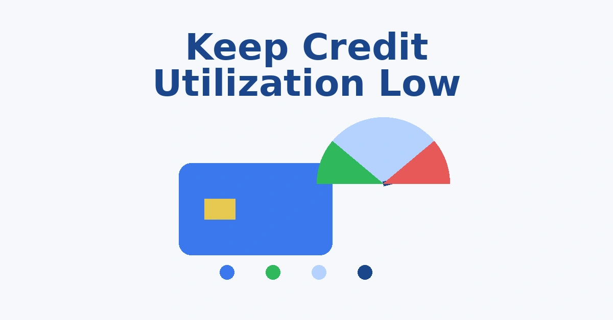 Keep credit utilization low illustration with credit card and utilization gauge showing low percentage zone