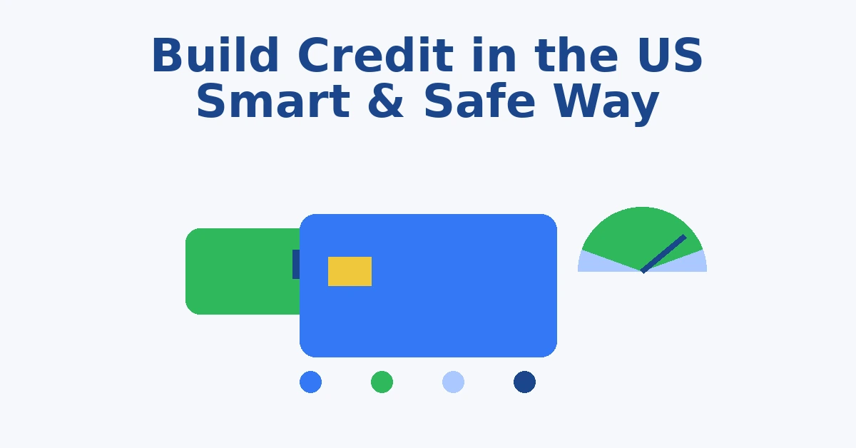 Build credit in the US the smart safe way illustration with credit card wallet and credit score gauge
