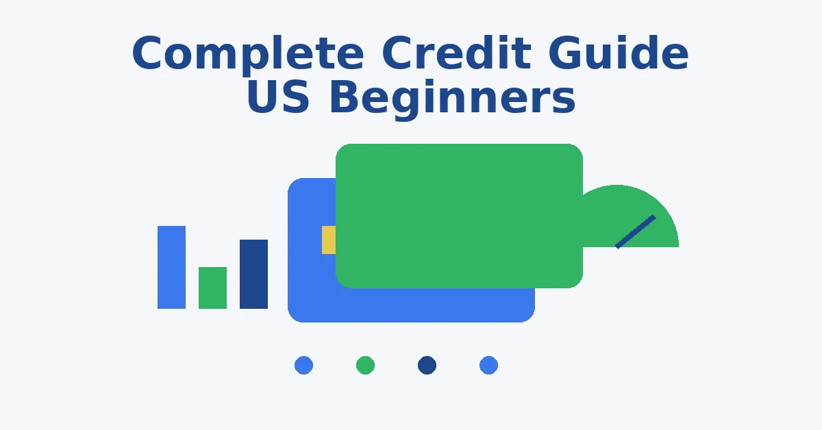 Complete credit guide for beginners in the US illustration with credit cards credit score gauge and finance chart