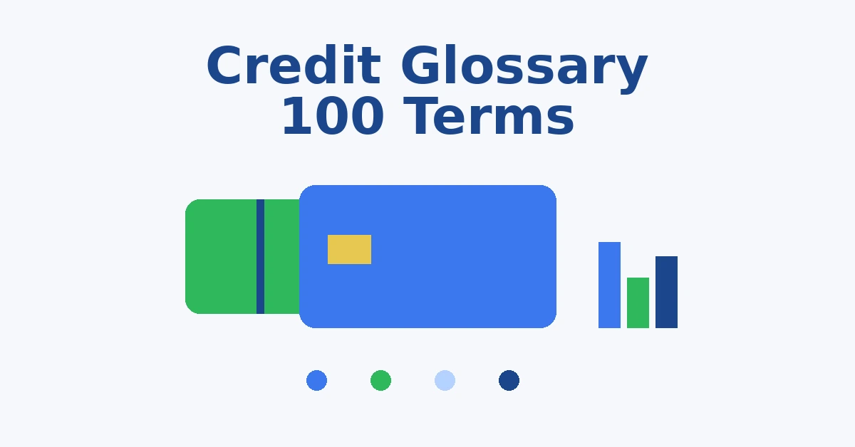 Credit glossary illustration with credit card finance icons and book representing 100 credit terms explained